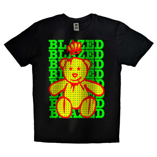 Black or white T-shirt featuring a cute yet blazed teddy bear with red eyes, holding a joint and surrounded by smoke and cannabis leaves — a playful, laid-back design for stoners and streetwear fans.