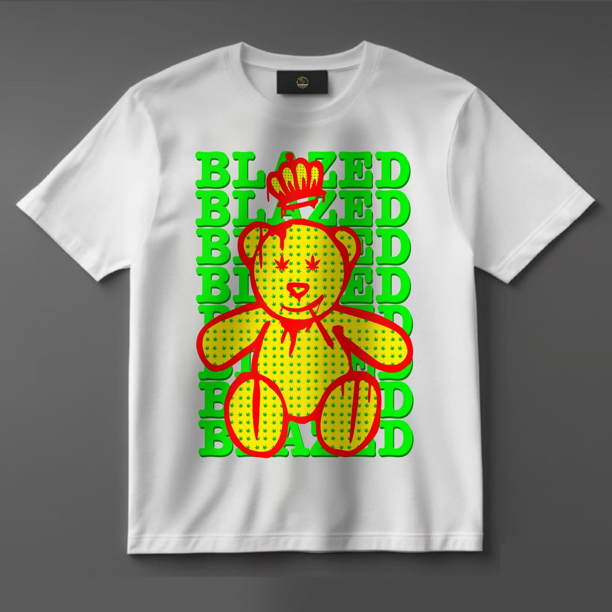 Black or white T-shirt featuring a cute yet blazed teddy bear with red eyes, holding a joint and surrounded by smoke and cannabis leaves — a playful, laid-back design for stoners and streetwear fans.