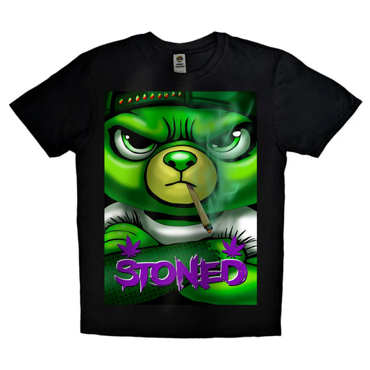 Black or white T-shirt featuring a stoned cartoon-style bear with red eyes, casually smoking a spliff, surrounded by smoke and weed leaves — a chill, eye-catching design for cannabis lovers and stoner fashion.