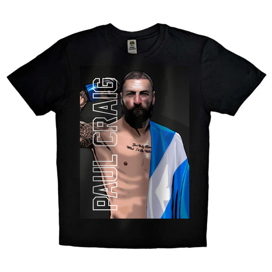 Illustrated design of Scottish UFC fighter Paul Craig, known as “The Legend Killer,” in a dynamic MMA pose with bold lettering, printed on a premium unisex T-shirt.