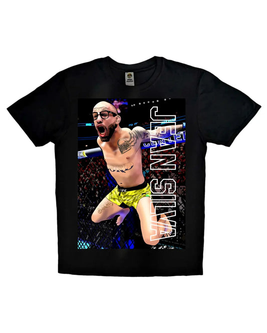 Black or white T-shirt featuring bold, comic-style artwork of UFC fighter Jean Silva repping the ‘Fighting Nerds’ theme — a unique fusion of MMA grit and geek culture flair for hardcore fans.