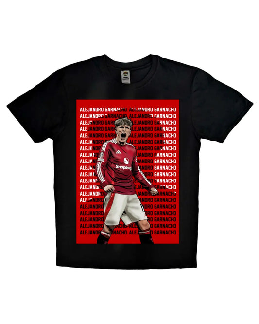 Black or white T-shirt featuring dynamic artwork of Alejandro Garnacho, Manchester United starlet, in full kit mid-celebration — a bold tribute to one of the club’s most exciting young talents.