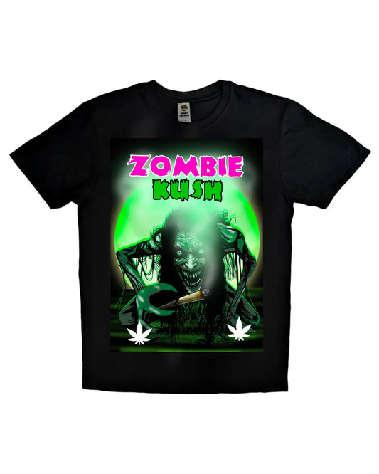 Artistic T-shirt design inspired by the Zombie Kush herbal strain, featuring a relaxed zombie character surrounded by ethereal green botanicals and 420-friendly cosmic elements, on a unisex adult cotton shirt.
