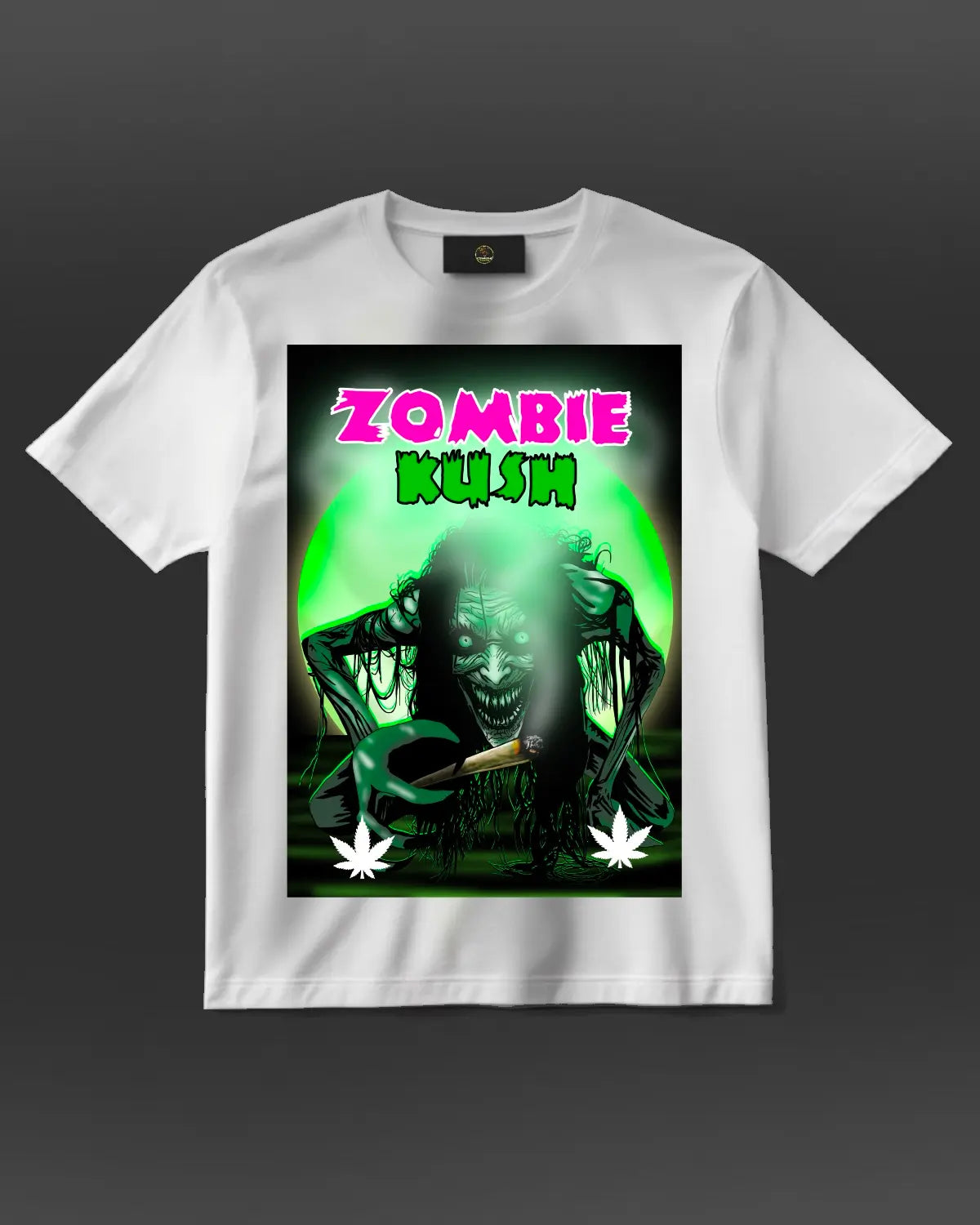 Artistic T-shirt design inspired by the Zombie Kush herbal strain, featuring a relaxed zombie character surrounded by ethereal green botanicals and 420-friendly cosmic elements, on a unisex adult cotton shirt.