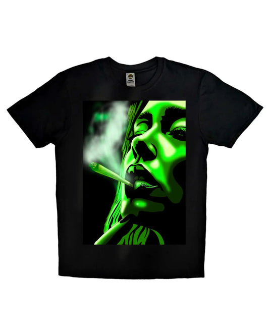 Stylish unisex T-shirt featuring a calm, confident woman holding a spliffy in a relaxed pose — subtle herbal lifestyle artwork by GrizzlySlapz for chill culture enthusiasts.