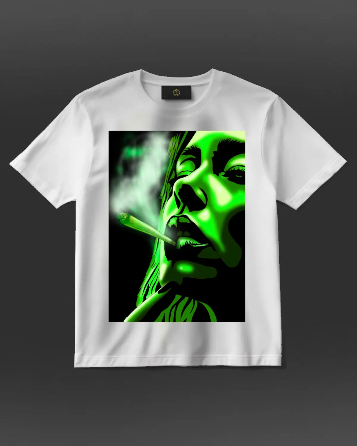 Stylish unisex T-shirt featuring a calm, confident woman holding a spliffy in a relaxed pose — subtle herbal lifestyle artwork by GrizzlySlapz for chill culture enthusiasts.