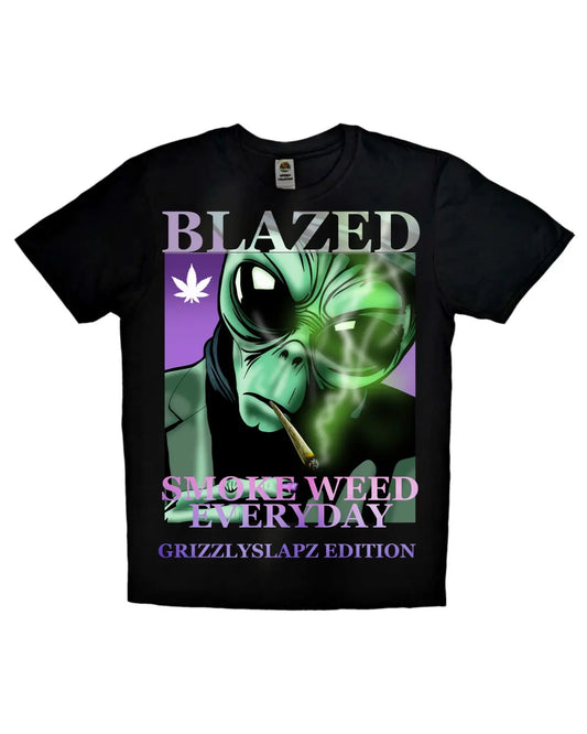 GrizzlySlapz alien smoking design T-shirt – chill extraterrestrial with spliff, cosmic 420-inspired unisex apparel