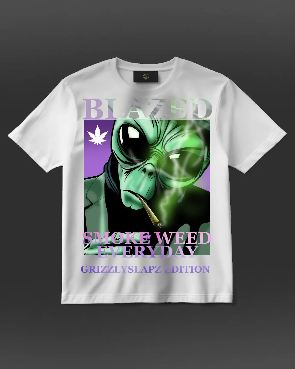 GrizzlySlapz alien smoking design T-shirt – chill extraterrestrial with spliff, cosmic 420-inspired unisex apparel