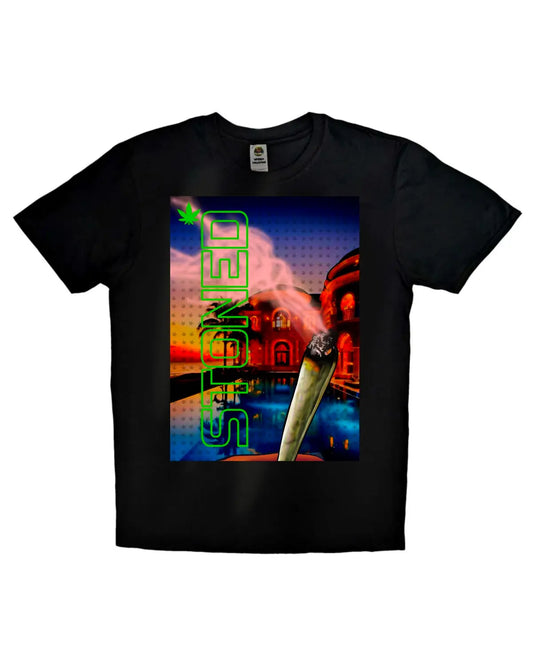 Stoned sunset mansion T-shirt – person smoking at LA mansion during sunset, 420 lifestyle graphic design in black or white