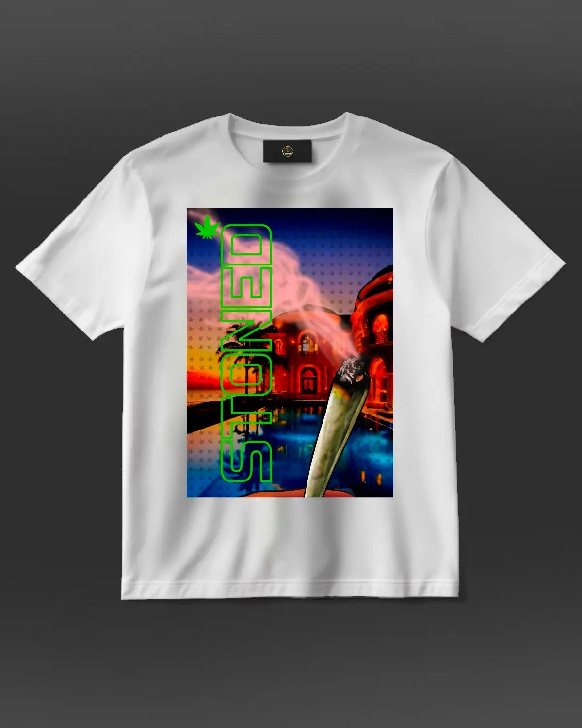 Stoned sunset mansion T-shirt – person smoking at LA mansion during sunset, 420 lifestyle graphic design in black or white