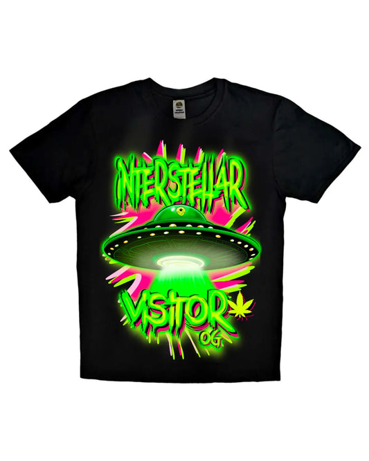 GrizzlySlapz Interstellar Visitor OG T-shirt in black or white – alien-themed herbal lifestyle design, unisex adult fit