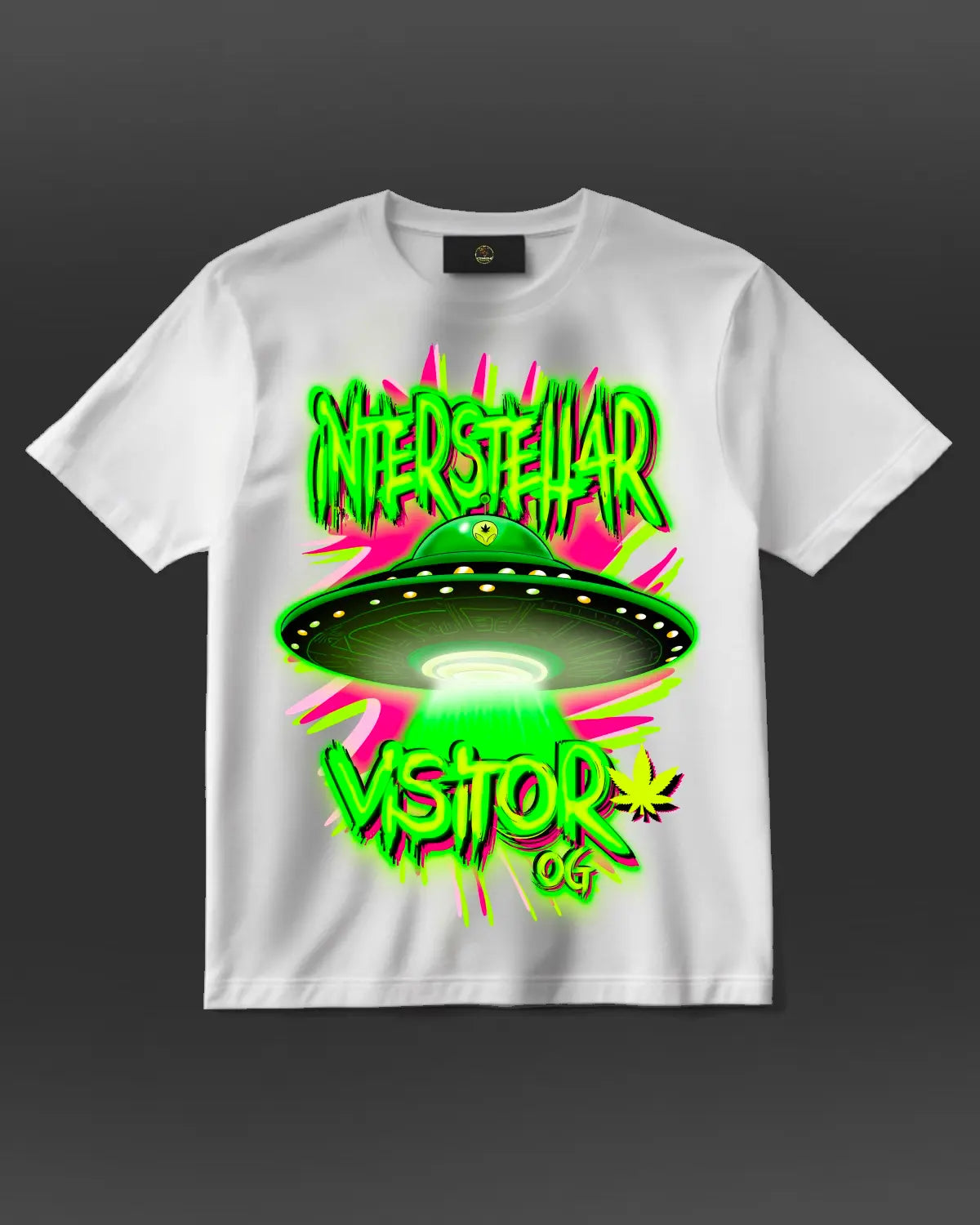 GrizzlySlapz Interstellar Visitor OG T-shirt in black or white – alien-themed herbal lifestyle design, unisex adult fit