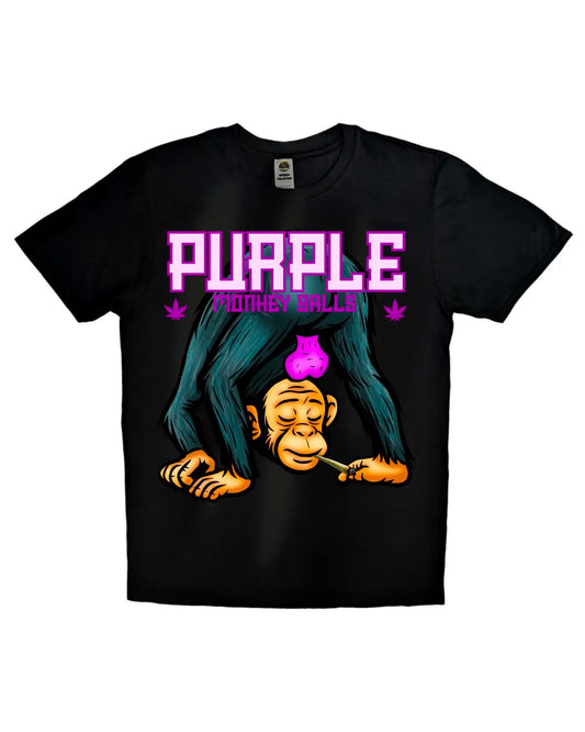 Purple Monkey Balls weed strain–inspired T-shirt by GrizzlySlapz in black or white – 420 lifestyle design for herbal culture fans