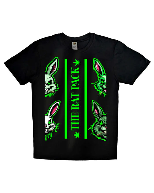 The Rat Pack T-shirt by GrizzlySlapz – Four cartoon rats smoking spliffs, cannabis-inspired graphic design for unisex adults, available in black or white