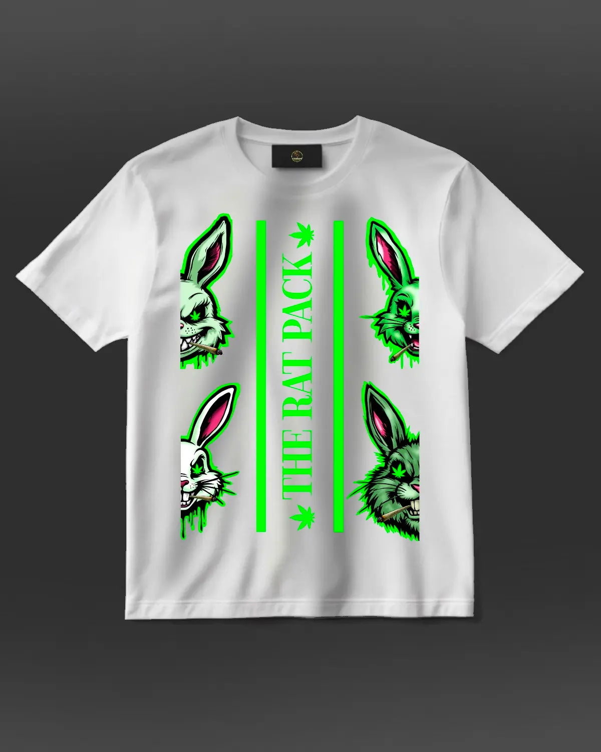 The Rat Pack T-shirt by GrizzlySlapz – Four cartoon rats smoking spliffs, cannabis-inspired graphic design for unisex adults, available in black or white