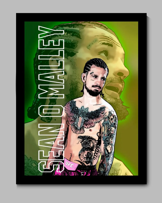Large 24x36 inch framed canvas wall art of UFC star Sean O’Malley – premium fight artwork in pine floating frame, perfect for bold MMA decor