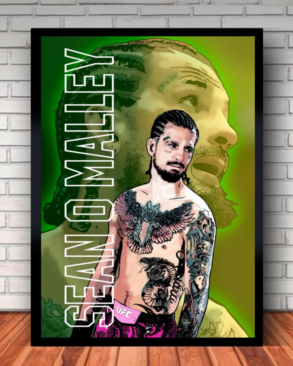 Large 24x36 inch framed canvas wall art of UFC star Sean O’Malley – premium fight artwork in pine floating frame, perfect for bold MMA decor