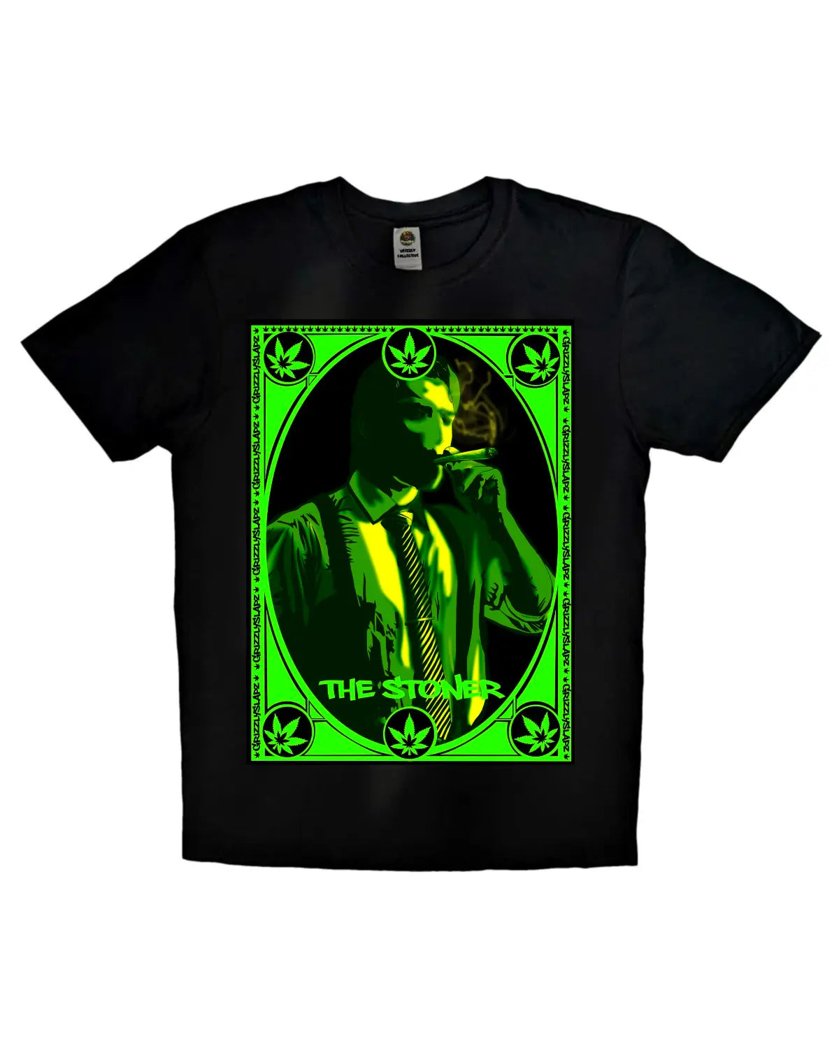 Unisex black or white T-shirt featuring a relaxed man smoking design by GrizzlySlapz – perfect for 420-inspired streetwear lovers
