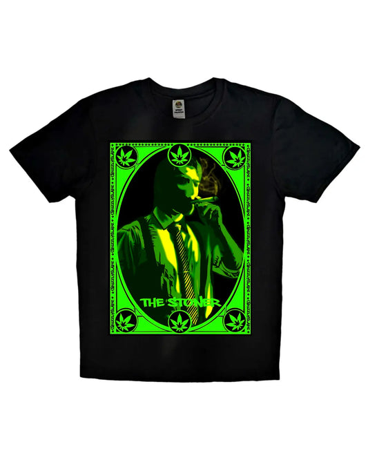 Unisex black or white T-shirt featuring a relaxed man smoking design by GrizzlySlapz – perfect for 420-inspired streetwear lovers