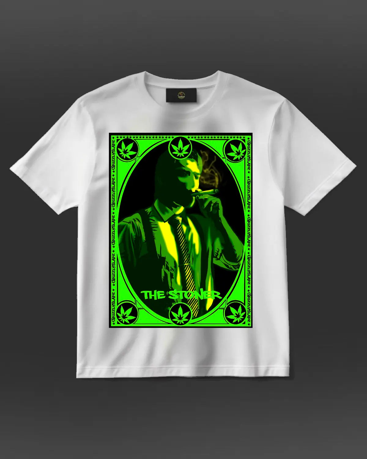 Unisex black or white T-shirt featuring a relaxed man smoking design by GrizzlySlapz – perfect for 420-inspired streetwear lovers