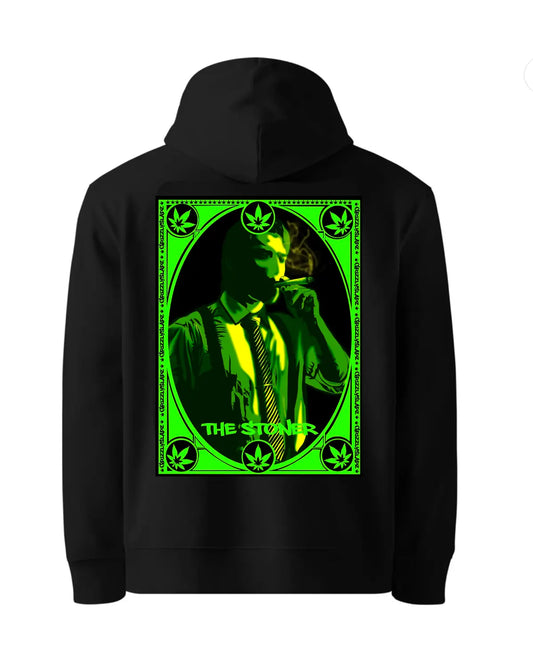 Black or white unisex hoodie featuring GrizzlySlapz artwork of a man smoking – cozy adult hoodie perfect for 420-inspired chillwear and urban street style
