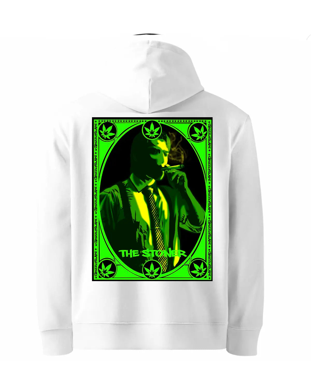 Black or white unisex hoodie featuring GrizzlySlapz artwork of a man smoking – cozy adult hoodie perfect for 420-inspired chillwear and urban street style
