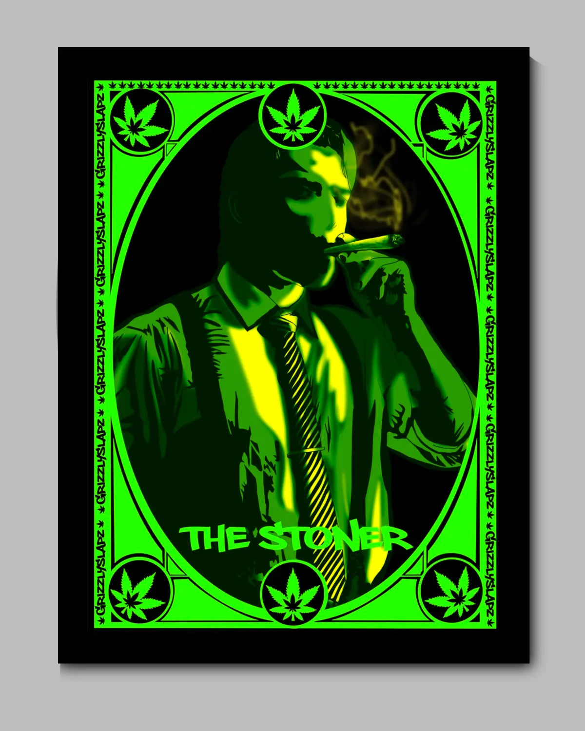 GrizzlySlapz black framed canvas featuring artwork of a man smoking, ideal for small cannabis-friendly art spaces or relaxed interiors