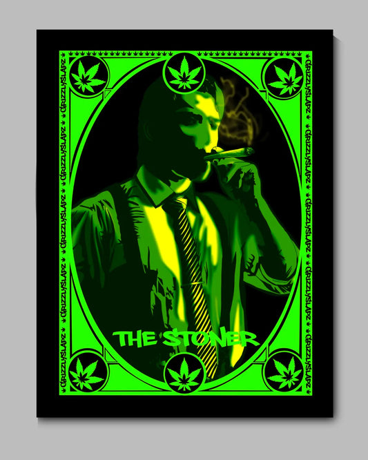 GrizzlySlapz black framed canvas featuring artwork of a man smoking, ideal for small cannabis-friendly art spaces or relaxed interiors