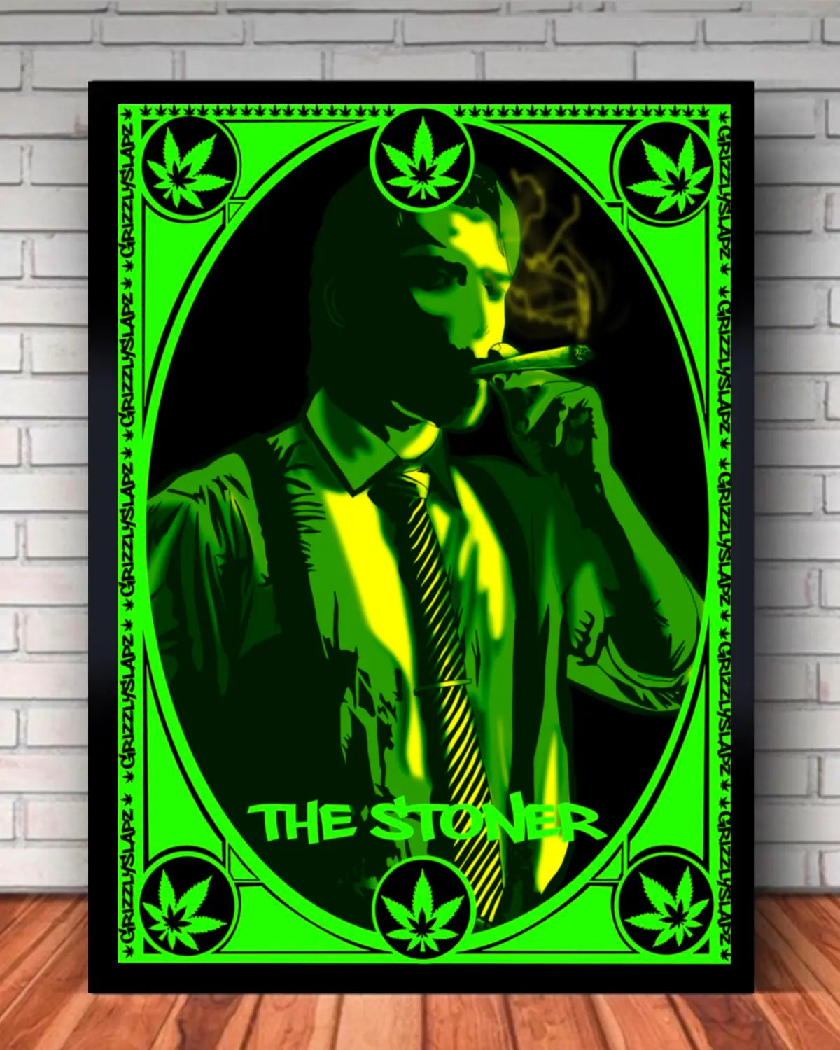 8x10 GrizzlySlapz black framed canvas featuring artwork of a man smoking, ideal for small cannabis-friendly art spaces or relaxed interiors