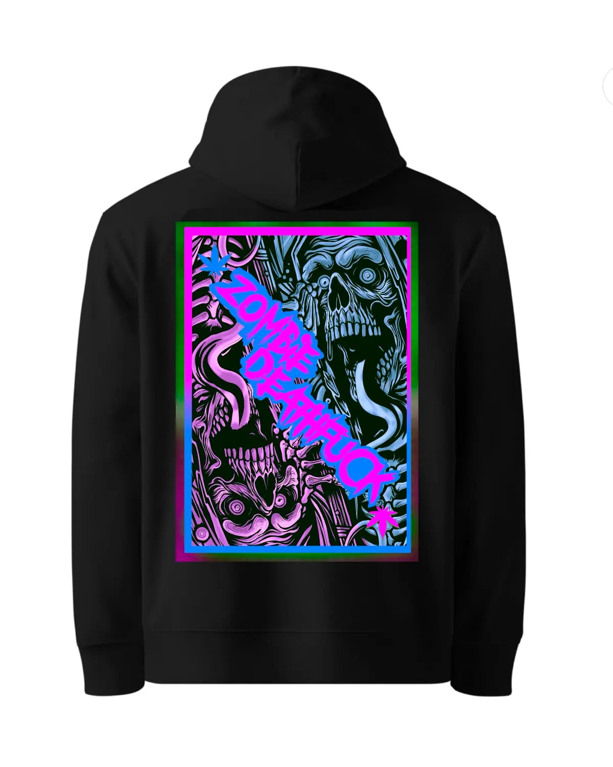 Black or white unisex hoodie featuring zombie-inspired cannabis culture artwork by GrizzlySlapz