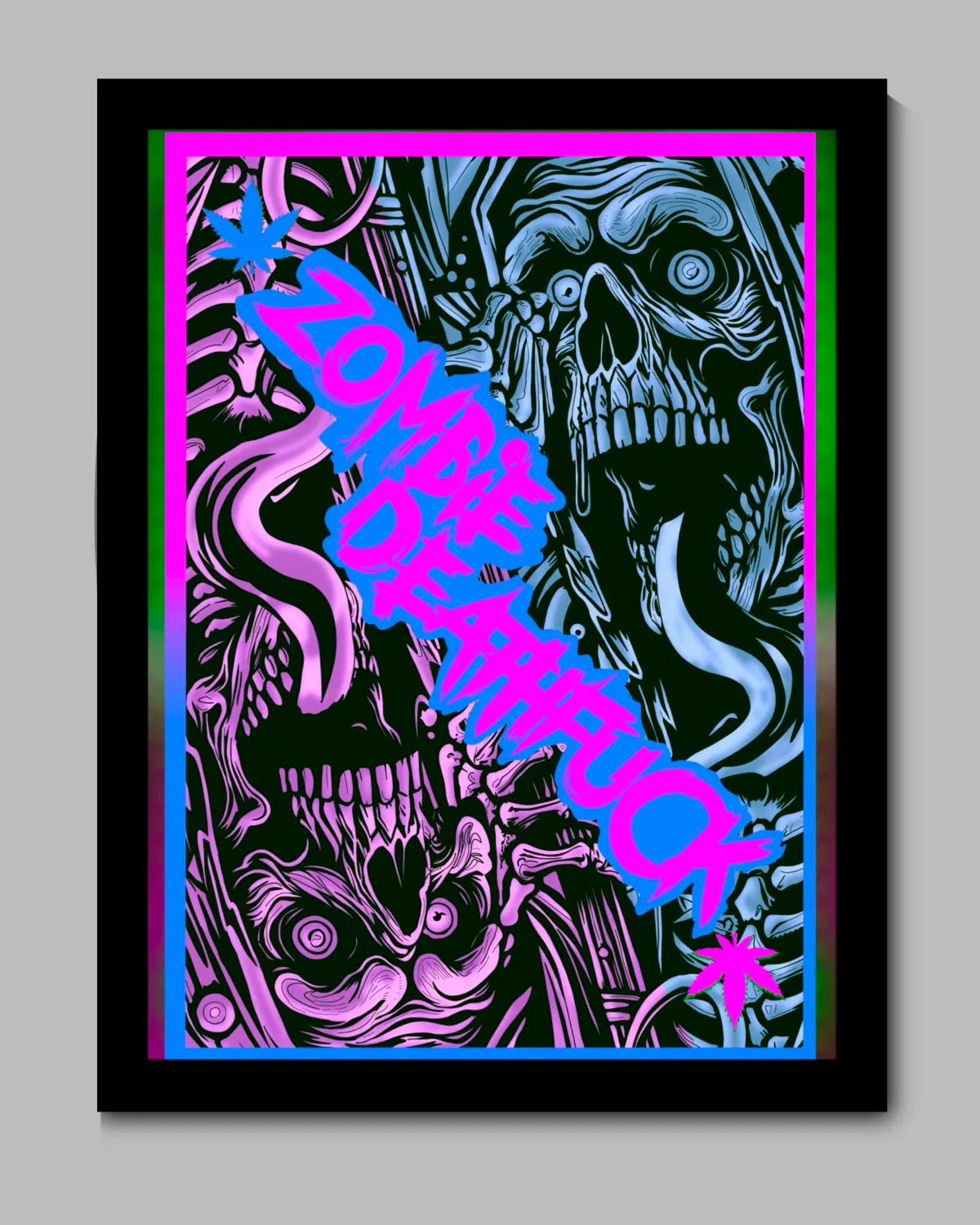 16x20 inch black framed Zombie Deathfuck strain art by GrizzlySlapz – gothic cannabis wall decor