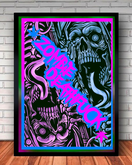 16x20 inch black framed Zombie Deathfuck strain art by GrizzlySlapz – gothic cannabis wall decor