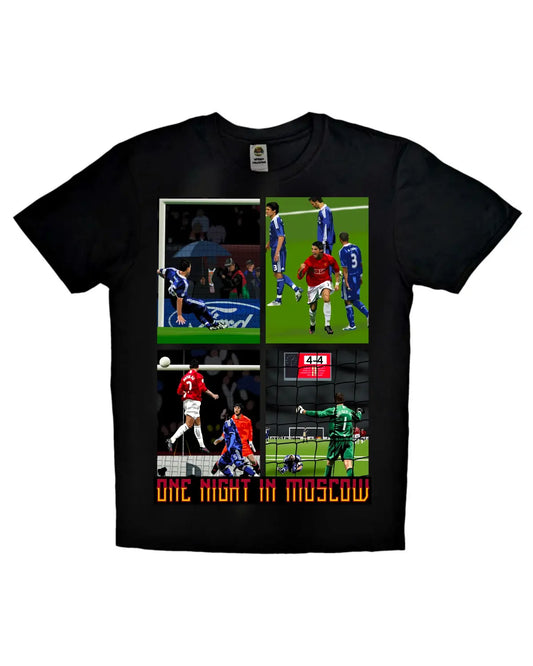 Manchester United 2008 Champions League final T-shirt – Ronaldo header, John Terry slip, Van der Sar save – One Night in Moscow artwork, adult unisex black or white