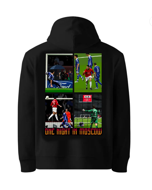 Manchester United 2008 Champions League hoodie – One Night in Moscow design featuring Ronaldo header, Terry slip, and Van der Sar save – adult unisex black or white