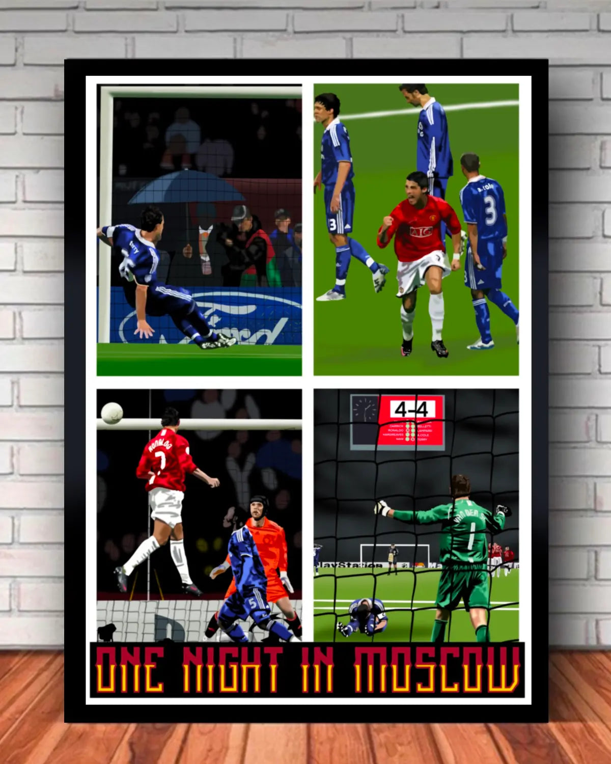 16x20 framed canvas of Manchester United’s 2008 Champions League Final win over Chelsea featuring Ronaldo, Terry, and Van der Sar – black frame