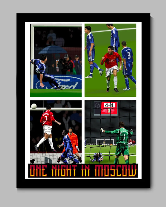 16x20 framed canvas of Manchester United’s 2008 Champions League Final win over Chelsea featuring Ronaldo, Terry, and Van der Sar – black frame
