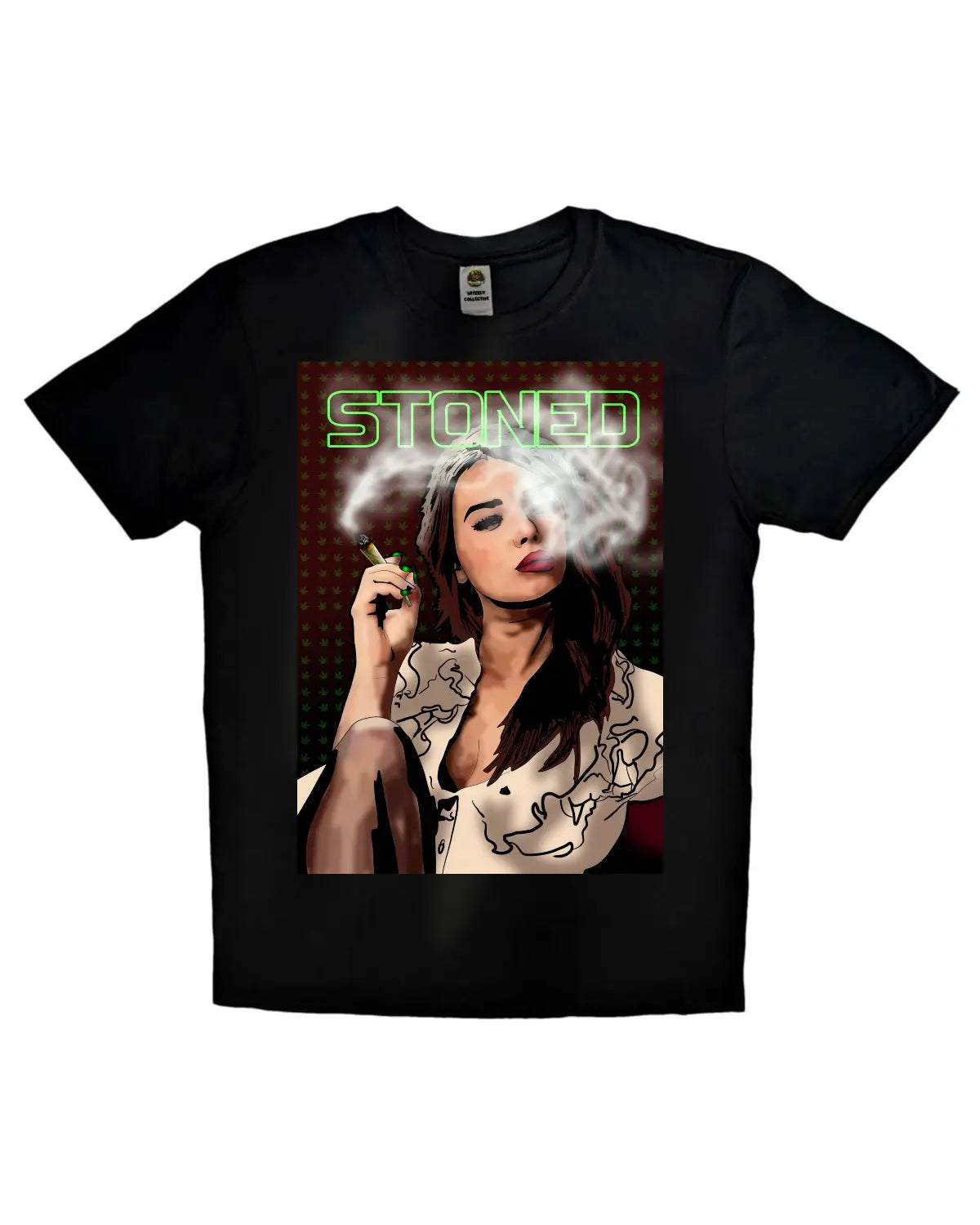 Gorgeous woman smoking a spliff artwork on black or white T-shirt by GrizzlySlapz – 420-friendly fashion for men and women