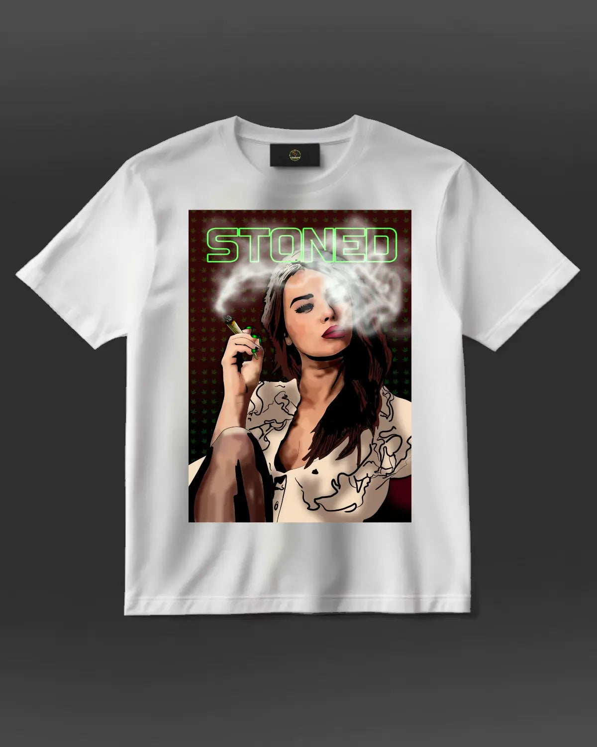 Gorgeous woman smoking a spliff artwork on black or white T-shirt by GrizzlySlapz – 420-friendly fashion for men and women