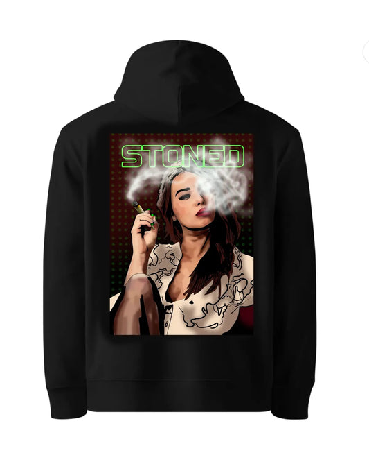Black or white hoodie with artwork of gorgeous woman smoking a spliff – GrizzlySlapz 420 lifestyle hoodie for men and women