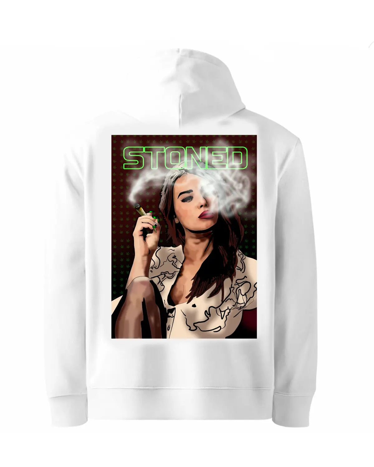 Black or white hoodie with artwork of gorgeous woman smoking a spliff – GrizzlySlapz 420 lifestyle hoodie for men and women