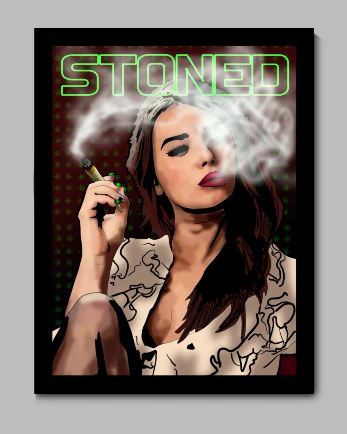 16x20 black framed canvas artwork of woman smoking a spliffy by GrizzlySlapz – small 420-inspired wall art