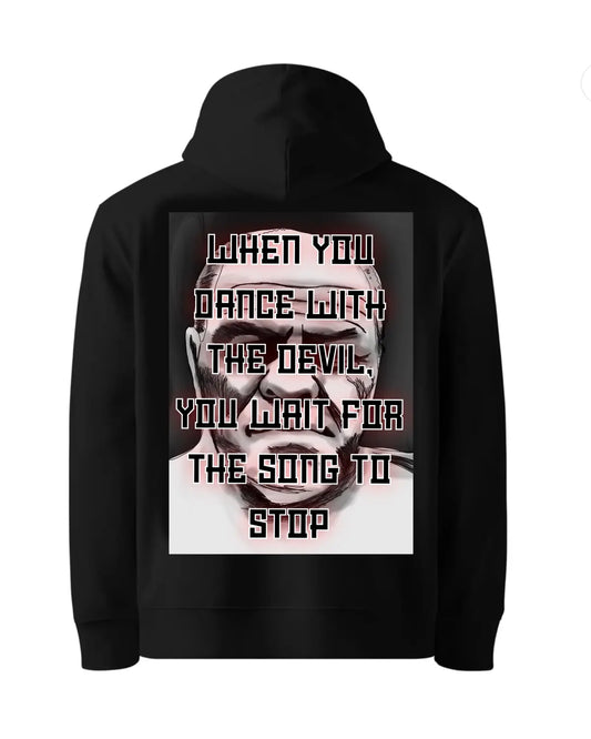 Black or white unisex hoodie with Lenny McLean quote “When you dance with the devil, you wait for the song to stop” – GrizzlyGFX bare-knuckle boxing tribute