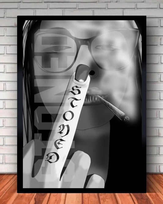 Small 24x36 canvas featuring illustrated woman holding spliff and flipping the bird in bold GrizzlySlapz design
