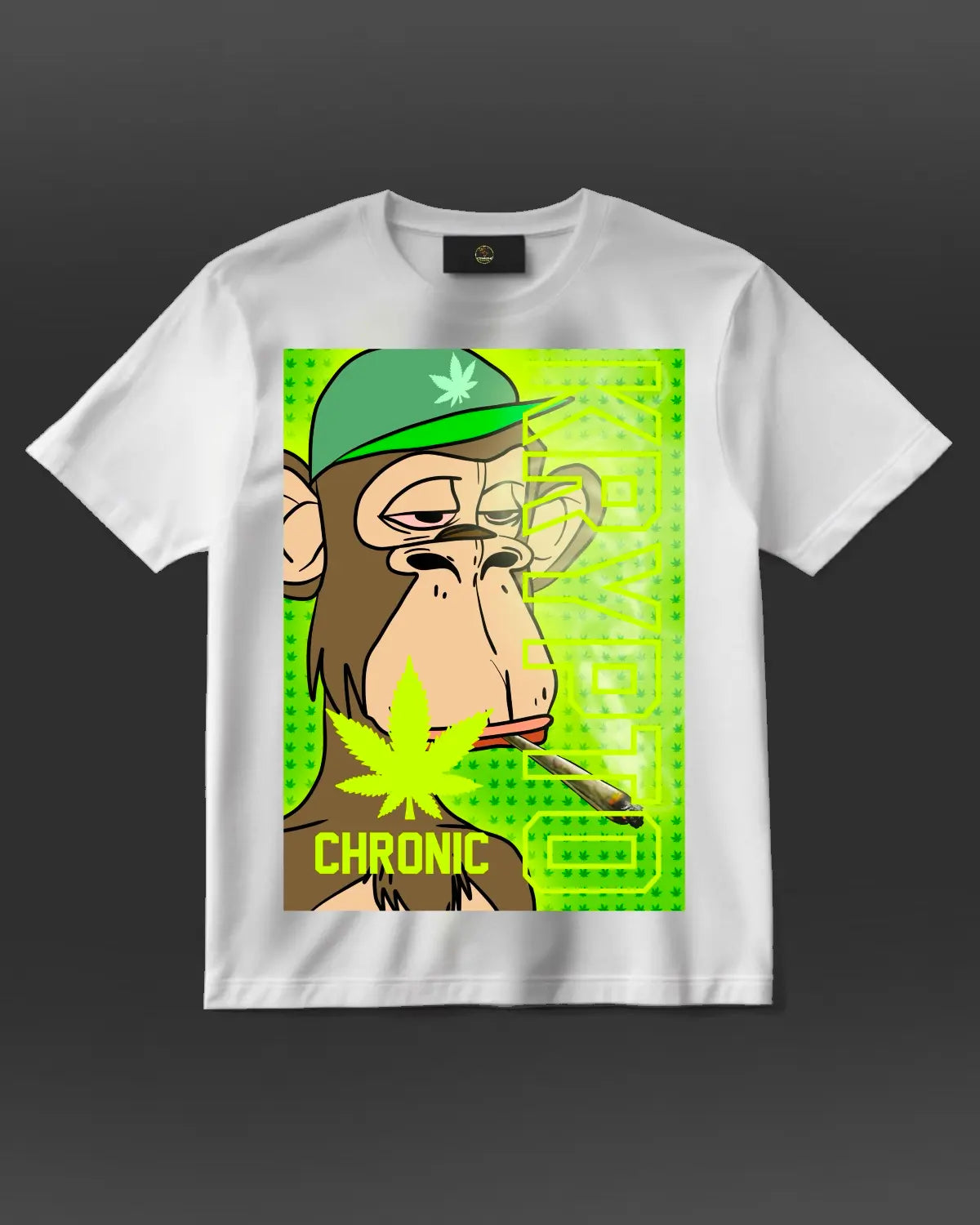 KRYPTO Chronic NFT Monkey T-Shirt by GrizzlySlapz – unisex herbal-inspired streetwear in black or white