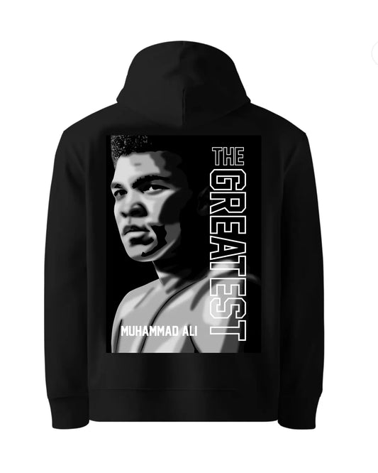Black or white Muhammad Ali boxing hoodie by GrizzlyGFX – adult unisex streetwear tribute design
