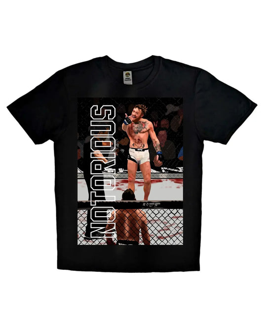 Black or white T-shirt featuring Conor McGregor vs Chad Mendes UFC 189 artwork by GrizzlyGFX – “Bring It On” design