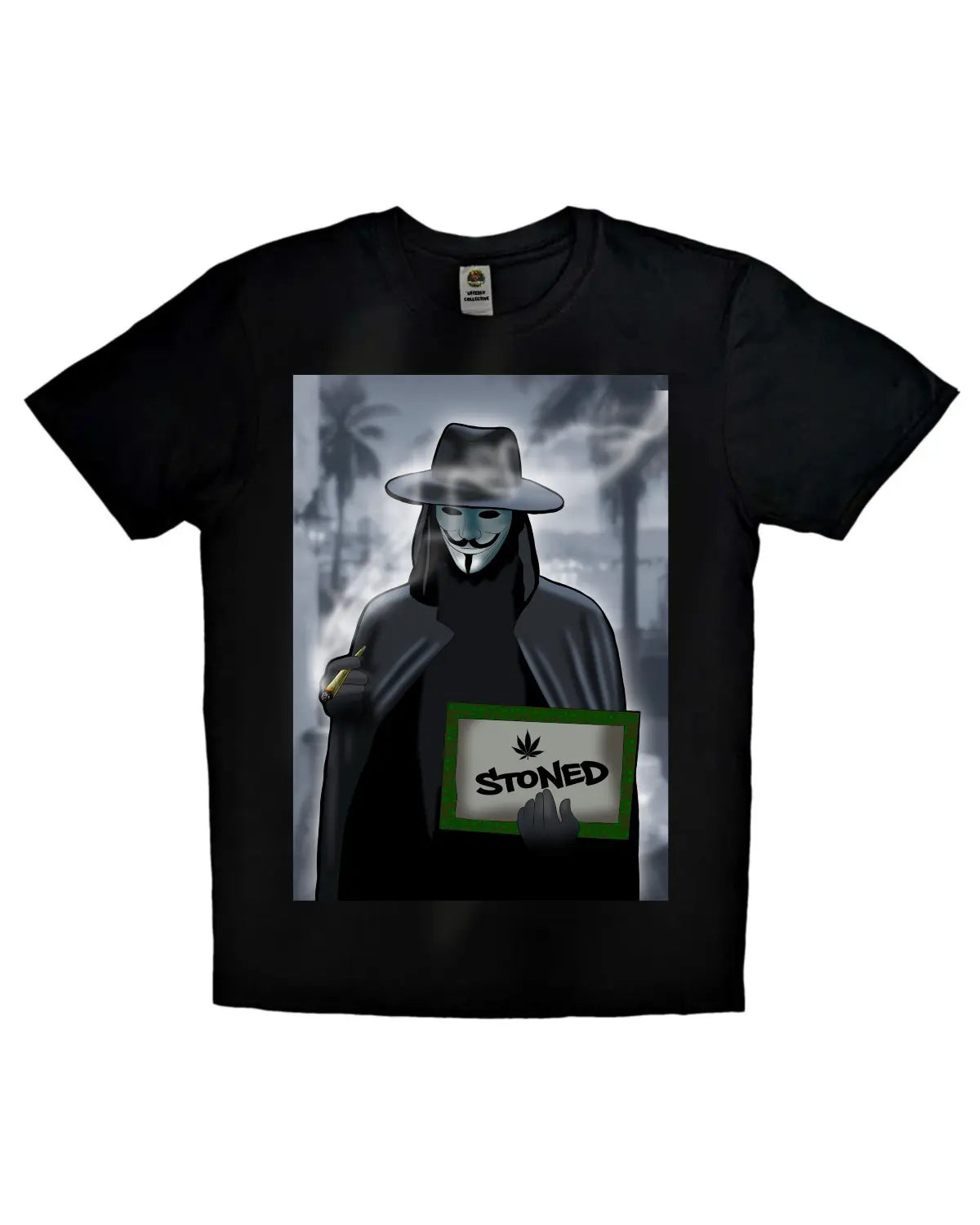T-shirt featuring anonymous mask figure holding a “STONED” sign – cannabis-inspired art by GrizzlySlapz
