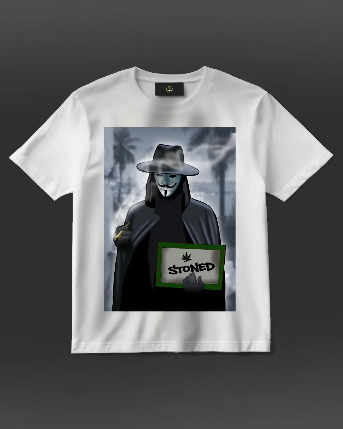 T-shirt featuring anonymous mask figure holding a “STONED” sign – cannabis-inspired art by GrizzlySlapz
