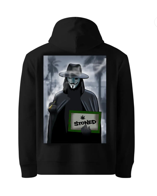 Black or white hoodie featuring a stoned anonymous mask character holding a sign – cannabis-inspired artwork by GrizzlySlapz