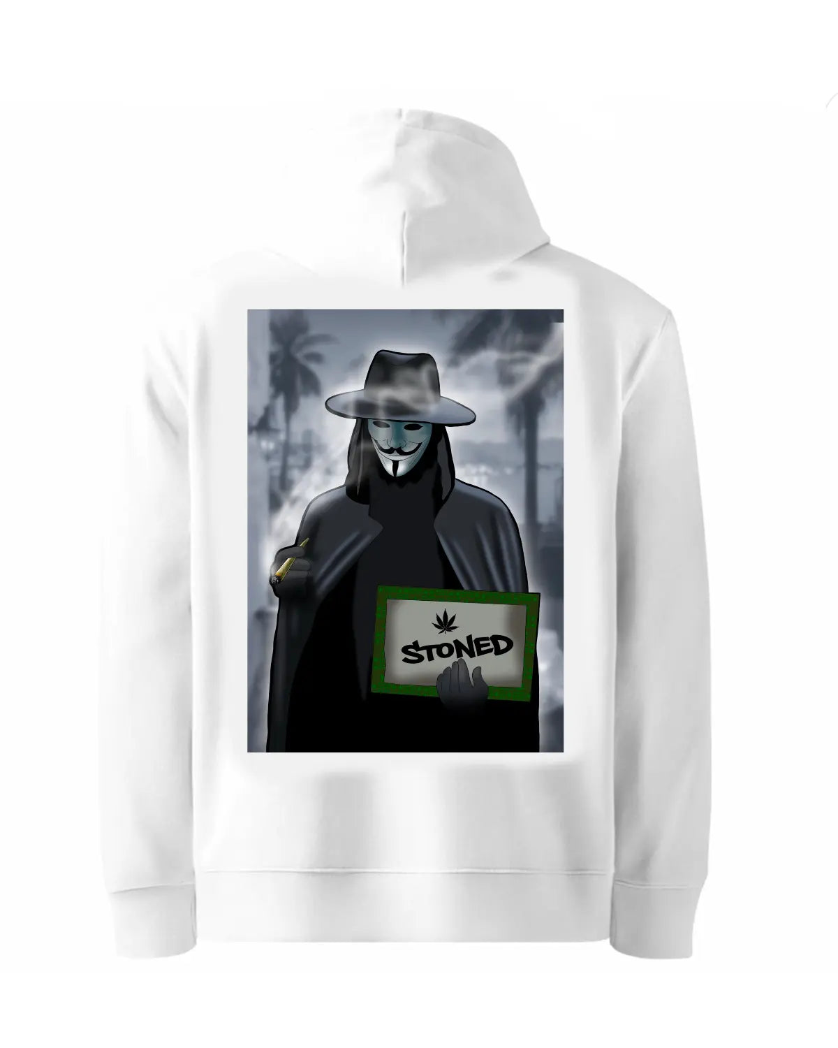 Black or white hoodie featuring a stoned anonymous mask character holding a sign – cannabis-inspired artwork by GrizzlySlapz